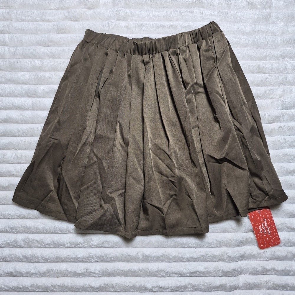 Unbranded Olive Green Pleated Mini Skirt Elastic Waist Size Large NWT Flaw